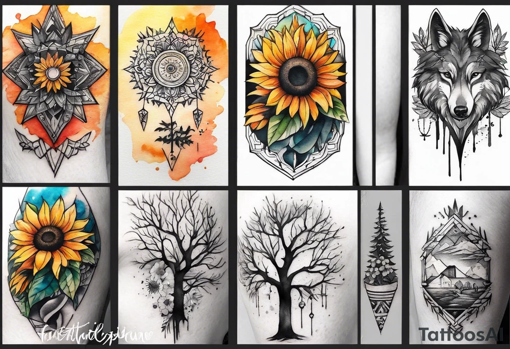 Small Watercolor inside arm tattoo, 4 inches. Black kite (Daya's name), nature (trees/flowers), rock/metal vibe (bold lines), sunflower. Bright colors! tattoo idea