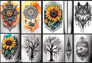 Small Watercolor inside arm tattoo, 4 inches. Black kite (Daya's name), nature (trees/flowers), rock/metal vibe (bold lines), sunflower. Bright colors! tattoo idea