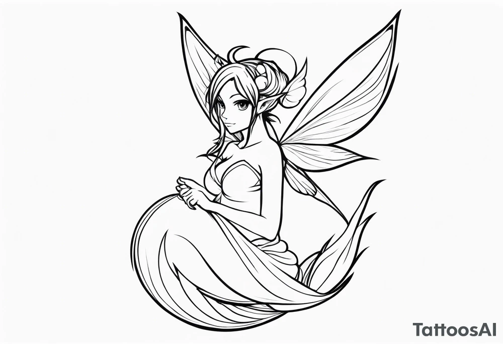 A fairy with a tail inspired by the logo of the show called Fairy Tail in a fetal position leaning in tattoo idea