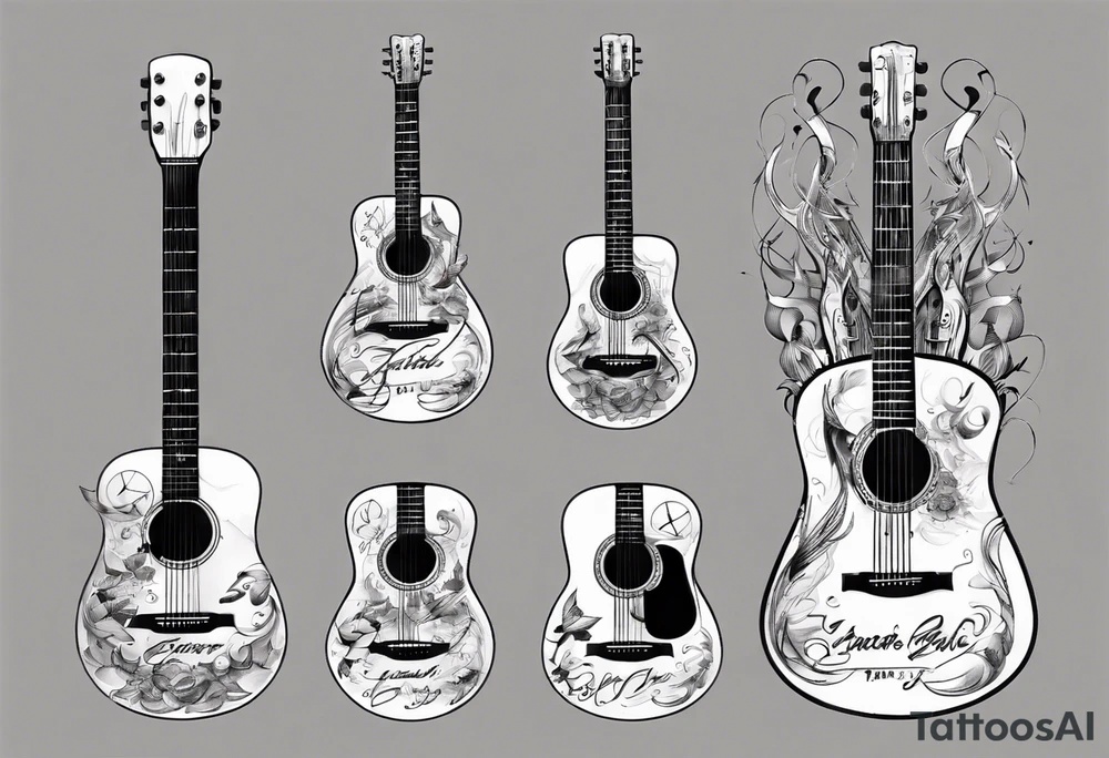 Acoustic Guitar neck with strings made of signatures tattoo idea
