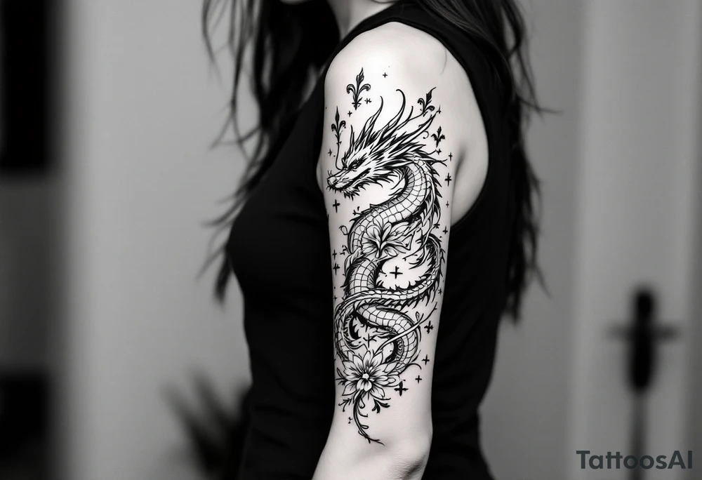 un dragon central entouré de fleurs de lys de style avec des ombrages dans un style assez fin tattoo idea