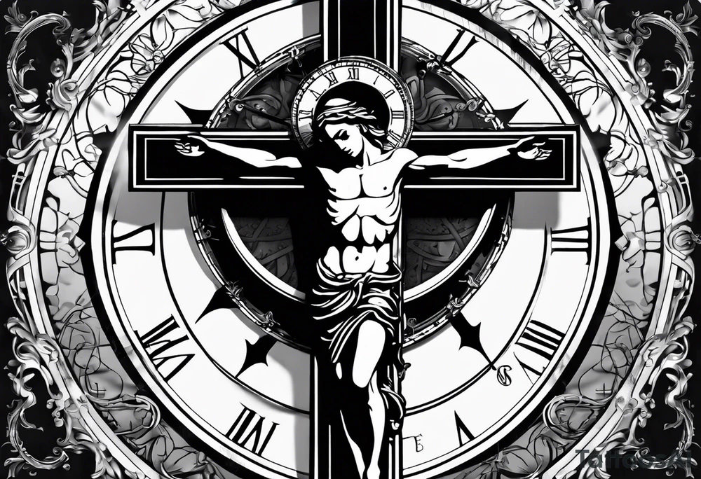 Crucifix with clock and compass in the middle tattoo idea