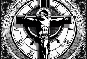 Crucifix with clock and compass in the middle tattoo idea