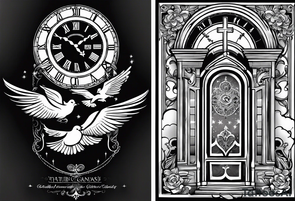 Forearm tattoo:
Mawmaw
07-05-38 / 09-23-24
Grandson and grandma walking up to the gates of heaven with the gates opened shinning bright with a cross and Doves flying around 
Big Busted clock behind it with the time of her death 7:00pm tattoo idea
