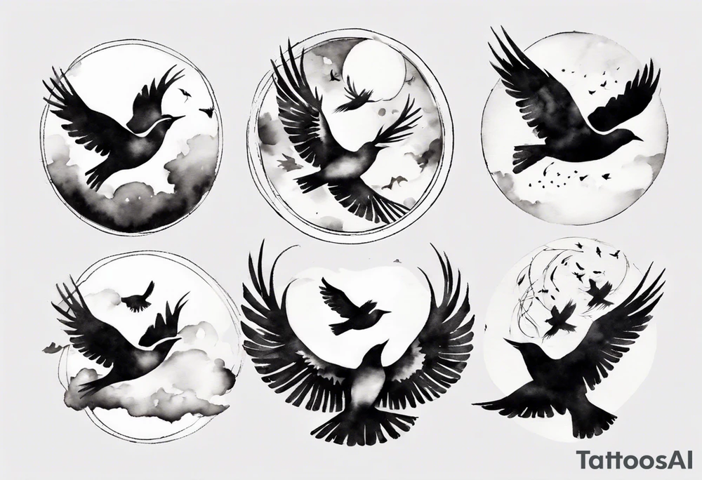 shoulder tattoo with light rays with birds flying free among the clouds, round shape, 3d effect tattoo idea