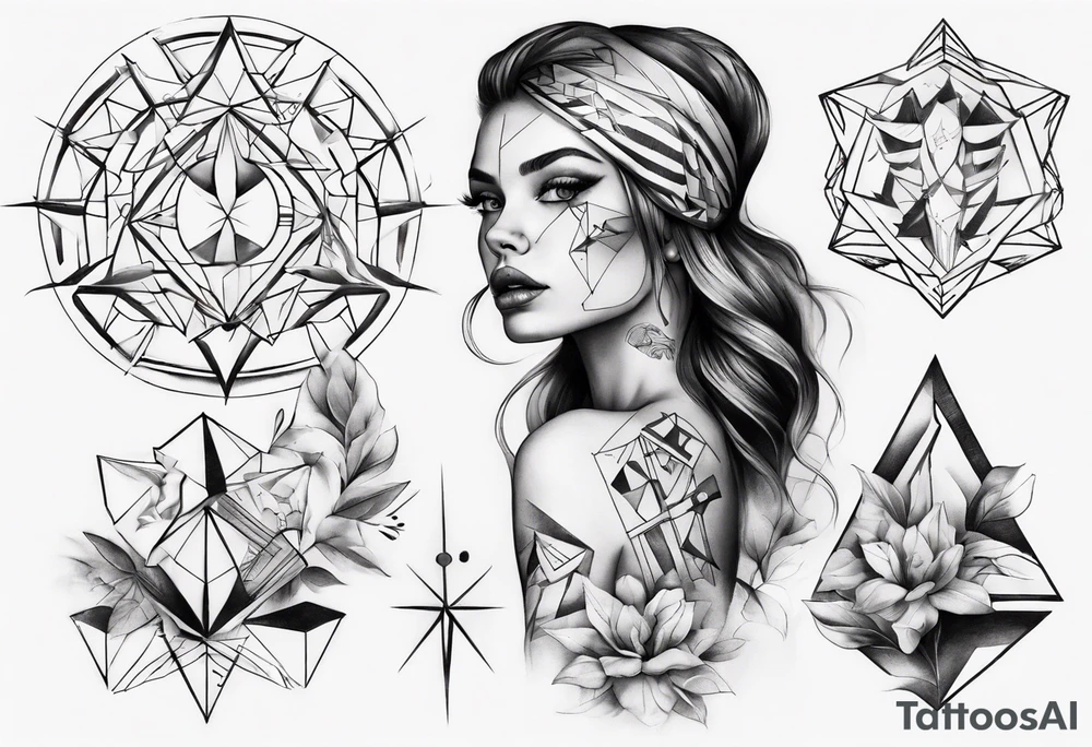 beautiful woman mixed with geometric objects tattoo idea