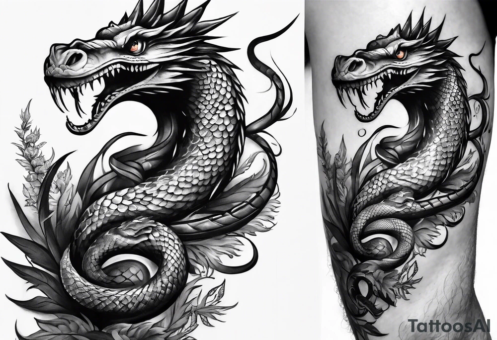 sleeve tattoo with a hydra snake, gun, weed symbol tattoo idea