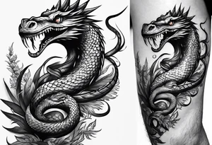 sleeve tattoo with a hydra snake, gun, weed symbol tattoo idea