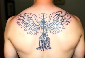 An angelic figure with massive wings standing behind a kneeling Templar tattoo idea