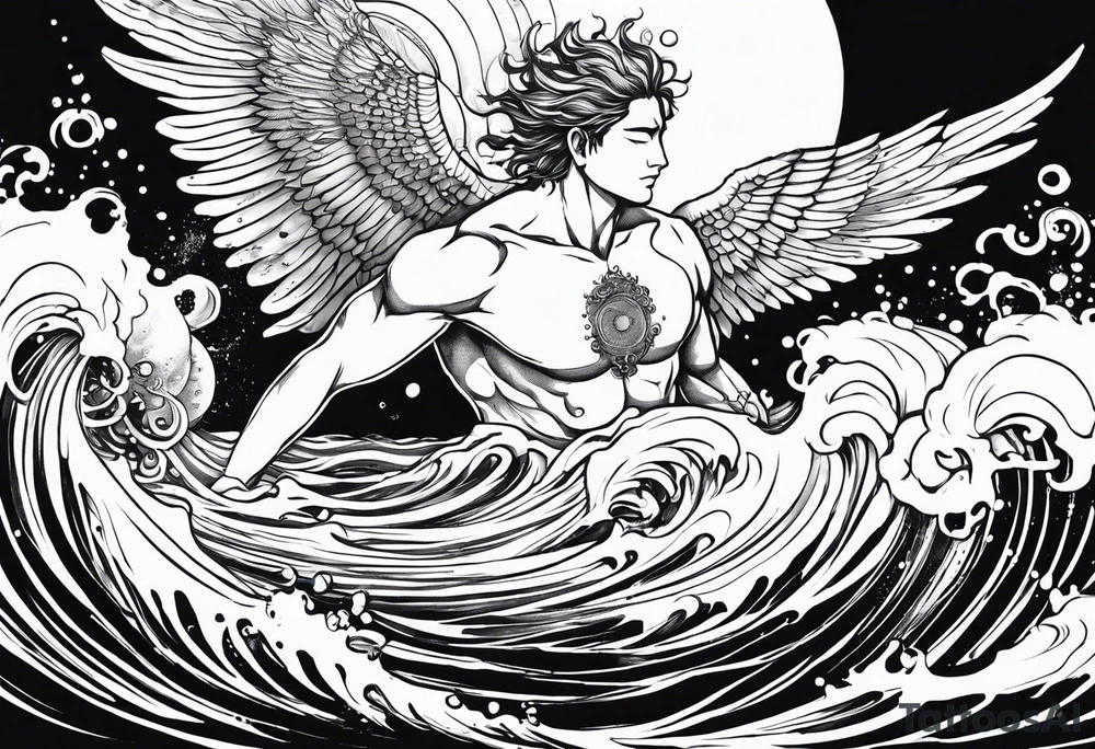 A falling greek men angel in the sea with the sun and all related to an asiatic culture and the anime Tokyo Ghoul.  Make it masculine and include in the water the DNA molecule and some fish and shrimp tattoo idea