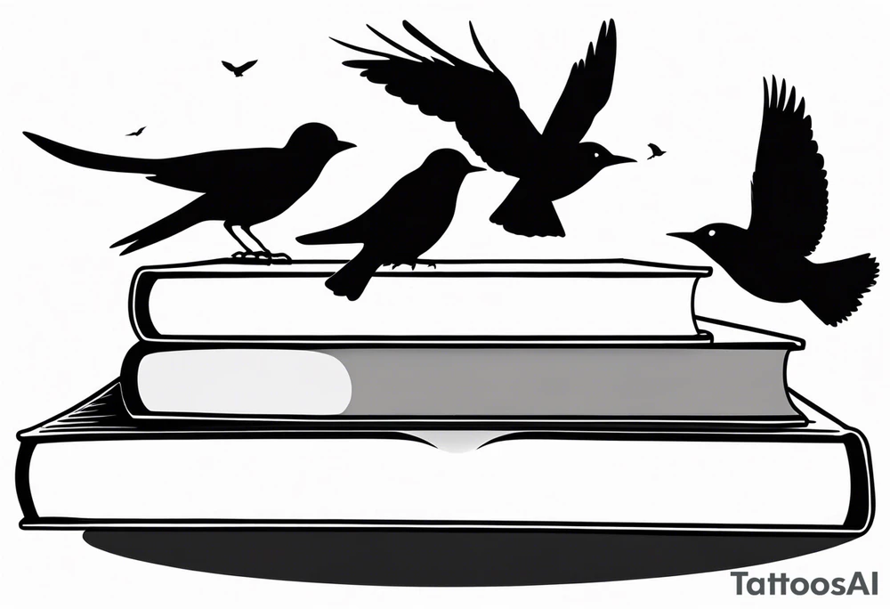 Stack of three books. Top book is open with silhouettes of birds flying out of it. tattoo idea