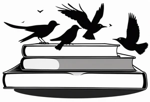 Stack of three books. Top book is open with silhouettes of birds flying out of it. tattoo idea