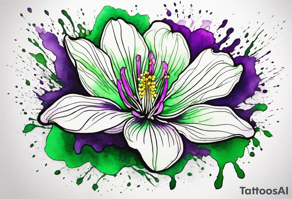 An outline of a rio dipladenia flower with a mystical green/purple watercolor splash in the background tattoo idea
