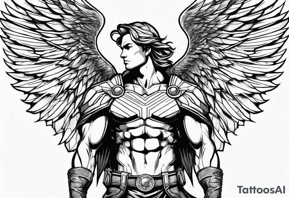 Angel in the pose of a superhero landing tattoo idea