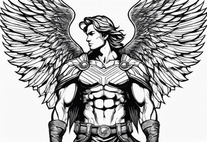 Angel in the pose of a superhero landing tattoo idea