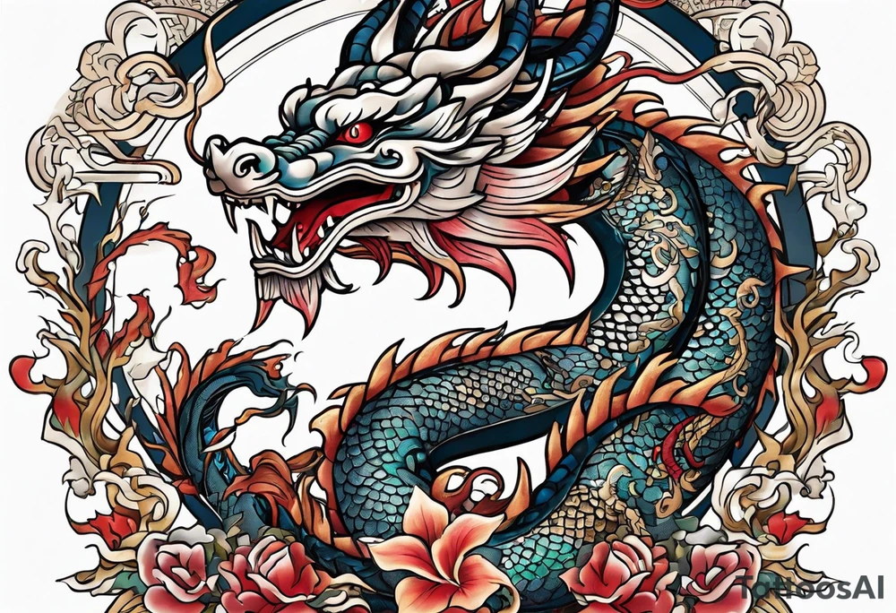 Create a detailed tattoo of Asian dragon wrapping around an anchor centered on taeguk. tattoo idea