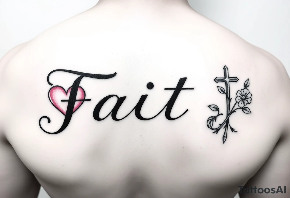 Script horizontal  faith with letter I having a pink heart and the t being a cross with an April flower at  that end and a scrolled stem w 2 leaves tattoo idea
