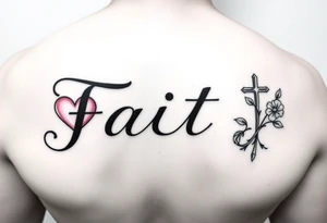 Script horizontal  faith with letter I having a pink heart and the t being a cross with an April flower at  that end and a scrolled stem w 2 leaves tattoo idea