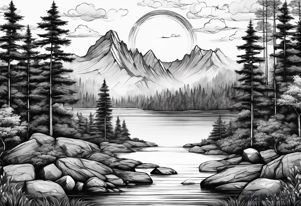 A small forest with a round lake. With a piece of rock in the middle. On the rock there is a gate tattoo idea