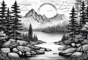 A small forest with a round lake. With a piece of rock in the middle. On the rock there is a gate tattoo idea