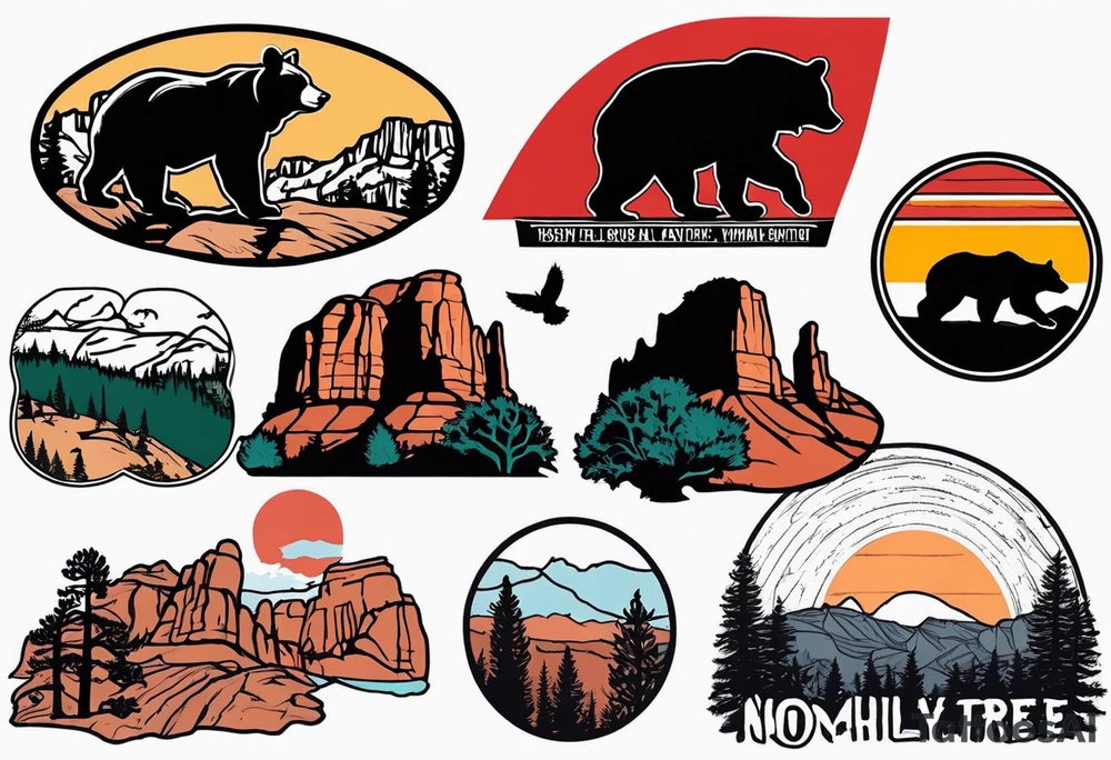 in one image, use halfmoon from  Yosemite National Park, red rocks from Bryce Canyon, angels landing from Zion National Park, a joshua tree from Joshua Tree National Park, and a black bear from Smokey Mountains and the Blueridge Mountains tattoo idea