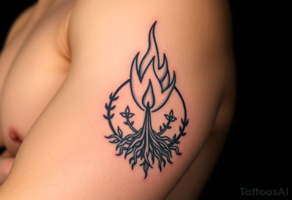 flame and blooming roots circle tattoo idea