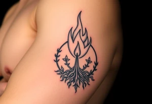 flame and blooming roots circle tattoo idea