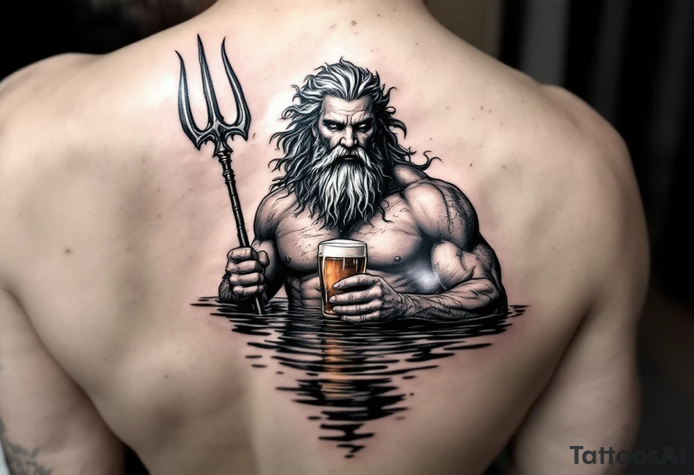 poseidon in calm water, holding a trident, holding a beer tattoo idea
