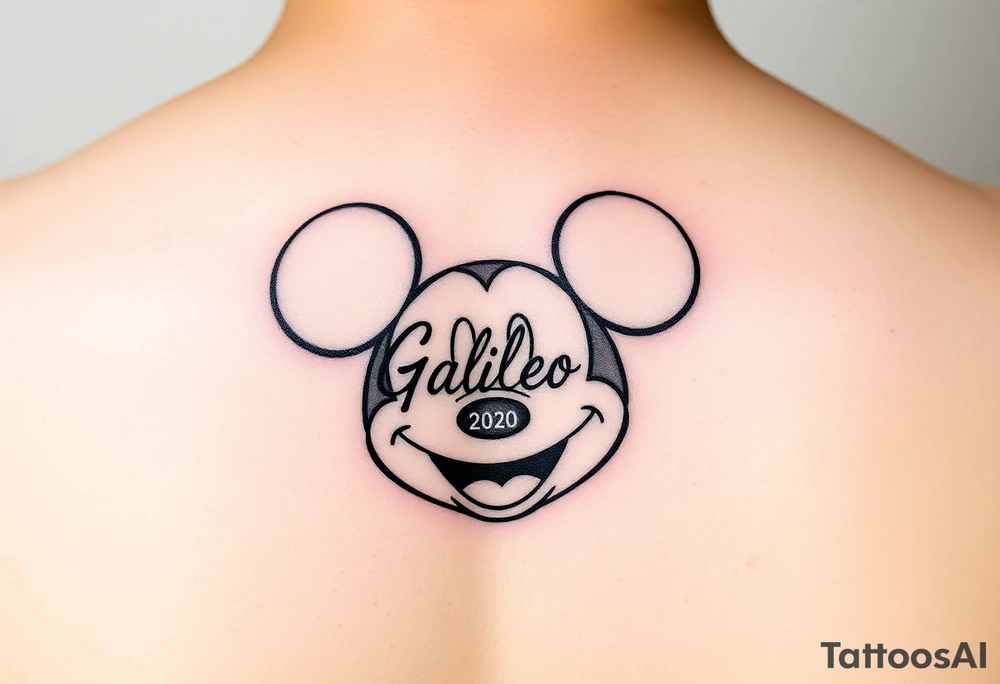 mickey mouse symbol with the name Galileo and the date August 14,2020, incorporated tattoo idea