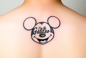 mickey mouse symbol with the name Galileo and the date August 14,2020, incorporated tattoo idea