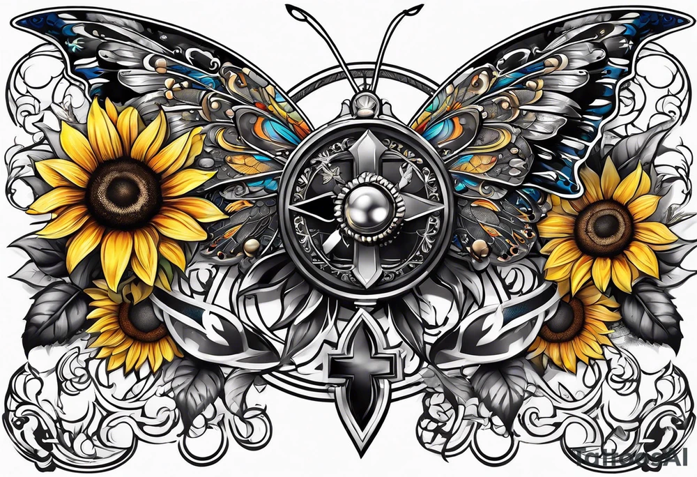 Arm sleeve with Winged cross with sunflower and butterflies tattoo idea