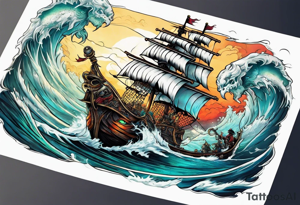 skeleton pirates fighting a sea serpent tattoo idea