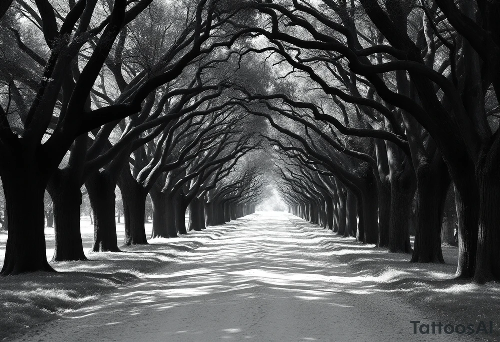 Tree lined dirt road. Road is rough, not smooth. Trees are oak, lining the road unevenly, tight so little light gets through. Branches arch across the road, some meeting in the middle. Dappled sunlight where it hits. Road gets smaller in the distance. tattoo idea