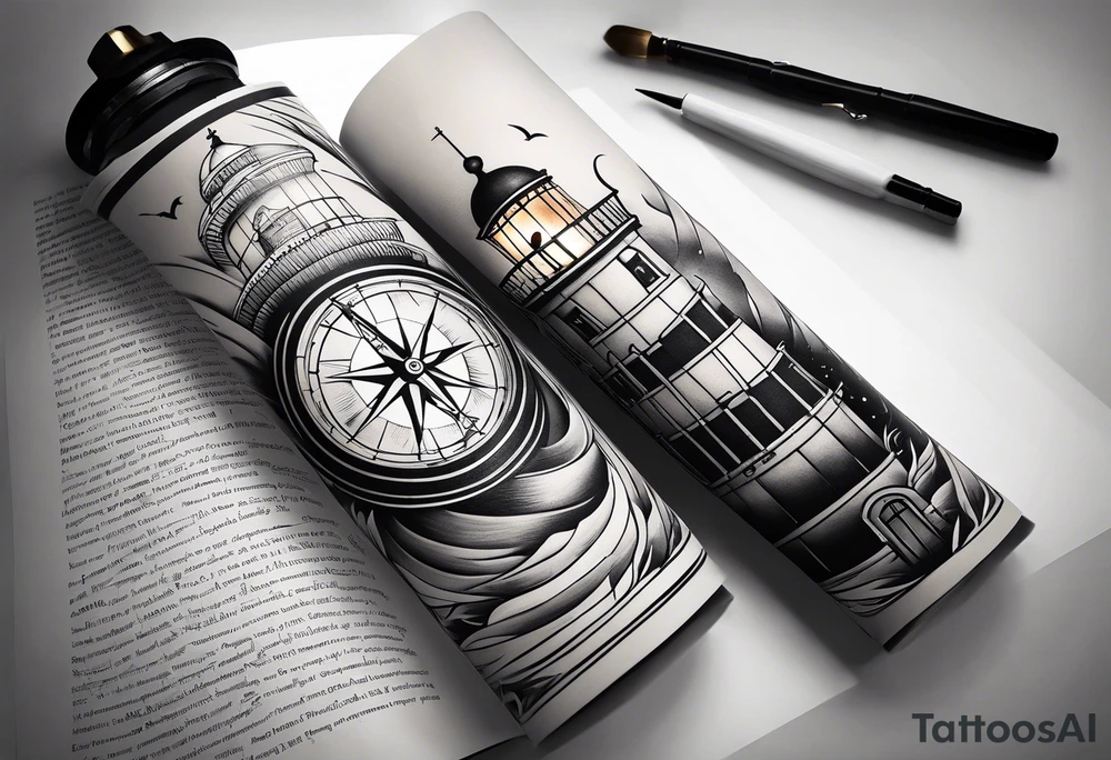 lighthouse shining light onto open book and a compass to wrap around forearm tattoo idea