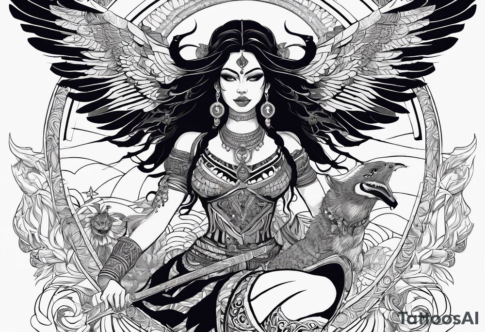 black kali, goddess pirate, alien, angel, pachamama, valkrye, warrior, flying, skull, lotus azul, wing, eagle, zenza resonance, stars, 5D, anahata chakra, death, durga, riding on a tiger, flying lady tattoo idea