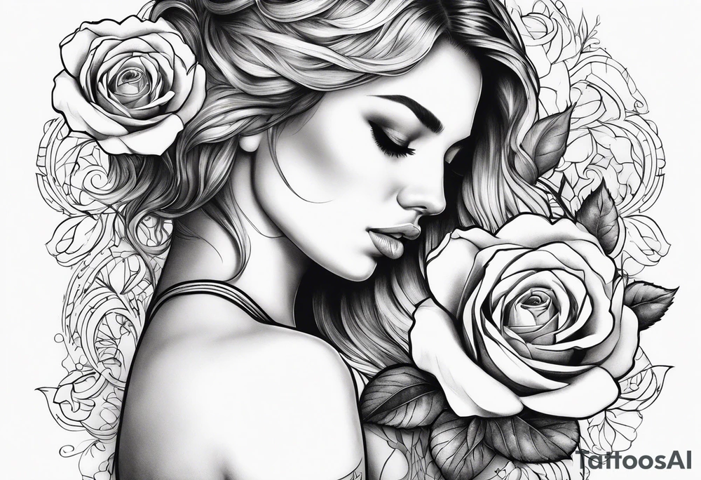 Bloomed rose with female body, kneeling tattoo idea