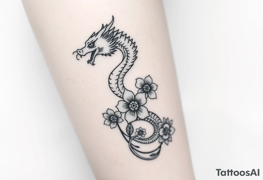Leg area back of calf dragon going up 4 flowers
 Dragon flipped closer to the third one down realistic femine tattoo idea
