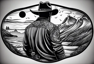 full sleeve tattoo.
Man with a cowboy hat, view from back, pistol
Half moon
Wave of an ocean
Mountain
Blended tattoo, with no obvious lines tattoo idea