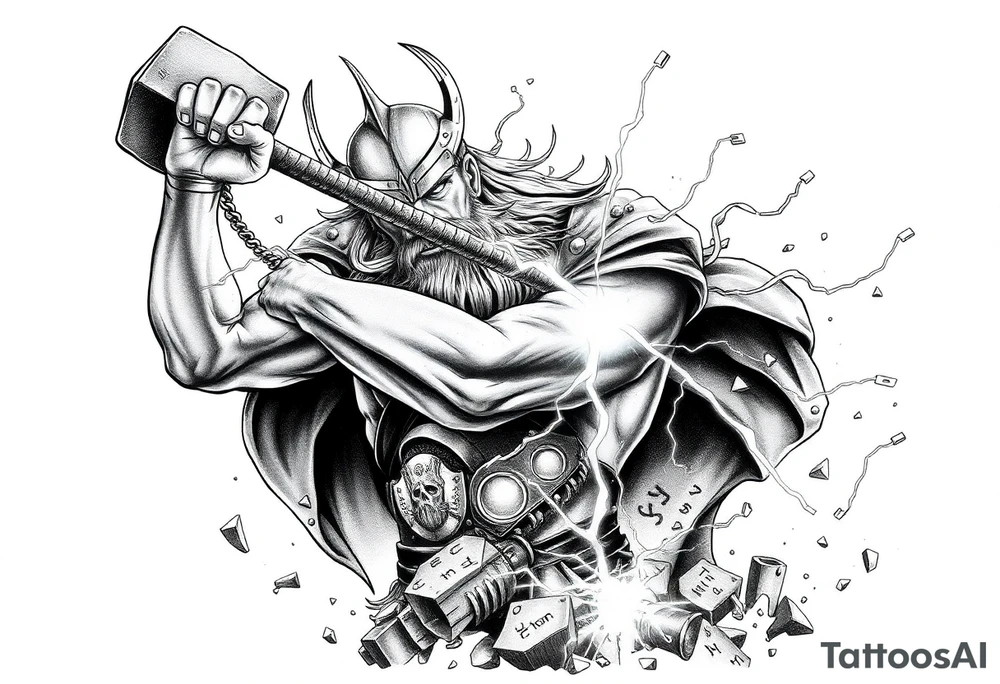 The great viking thor swinging his hammer with runes everywhere and lighting striking the ground with electricity sparking everywhere. tattoo idea
