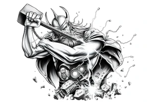 The great viking thor swinging his hammer with runes everywhere and lighting striking the ground with electricity sparking everywhere. tattoo idea
