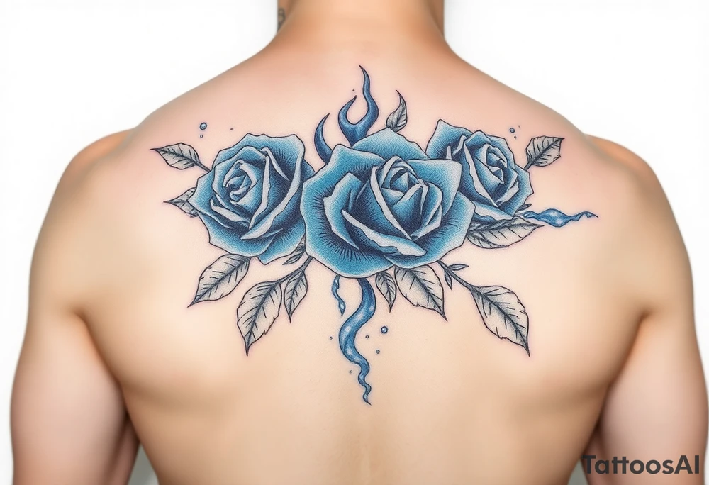 Blue roses, water, fire, cartoon tattoo idea