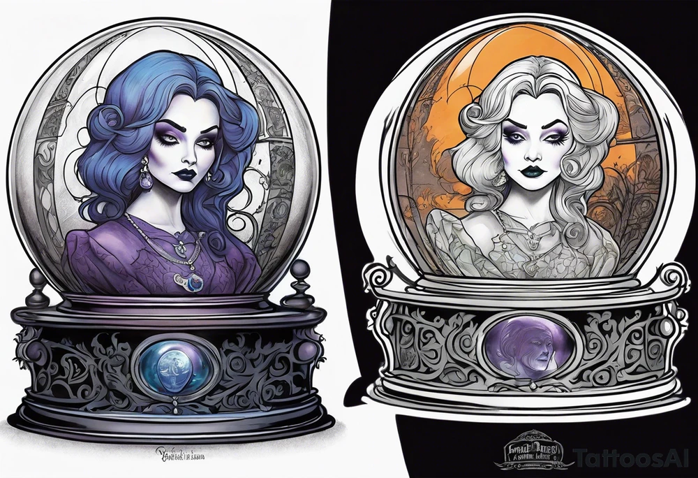 Madame leota from disney haunted mansion in crystal ball on gothic stand with raven at side tattoo idea