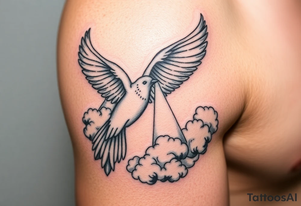 Dove and a blue jay, clouds, shining light to or from heaven tattoo idea