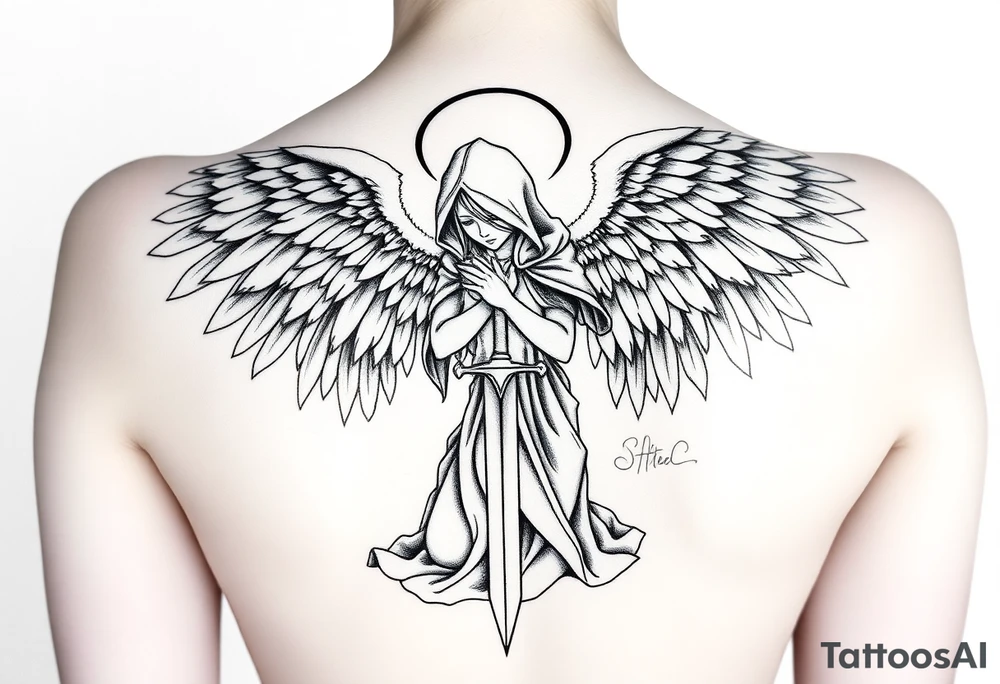 Warrior Angel with long sword  kneeling looking down cloak over head wings
 spread tattoo idea