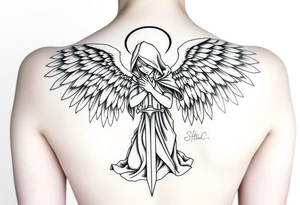 Warrior Angel with long sword  kneeling looking down cloak over head wings
 spread tattoo idea