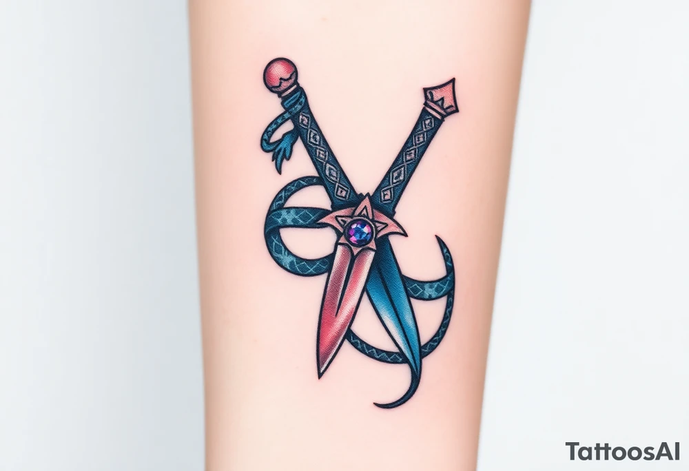 mystical snake coiled around an ancient dagger with jeweled hilt tattoo idea