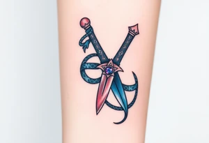 mystical snake coiled around an ancient dagger with jeweled hilt tattoo idea