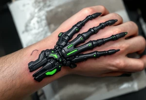 A robotic skeletal hand in matte black and neon green, seamlessly blending into the wrist like real armor. tattoo idea