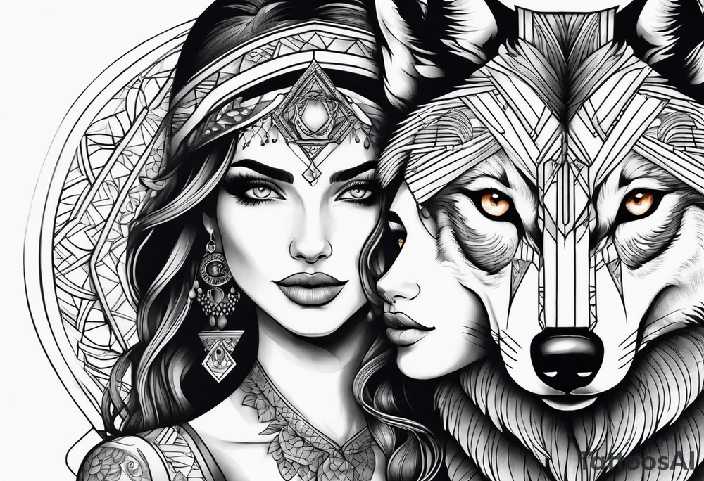 a wolf and a woman with the same eye tattoo idea