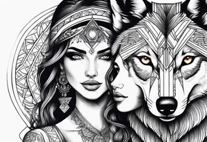 a wolf and a woman with the same eye tattoo idea